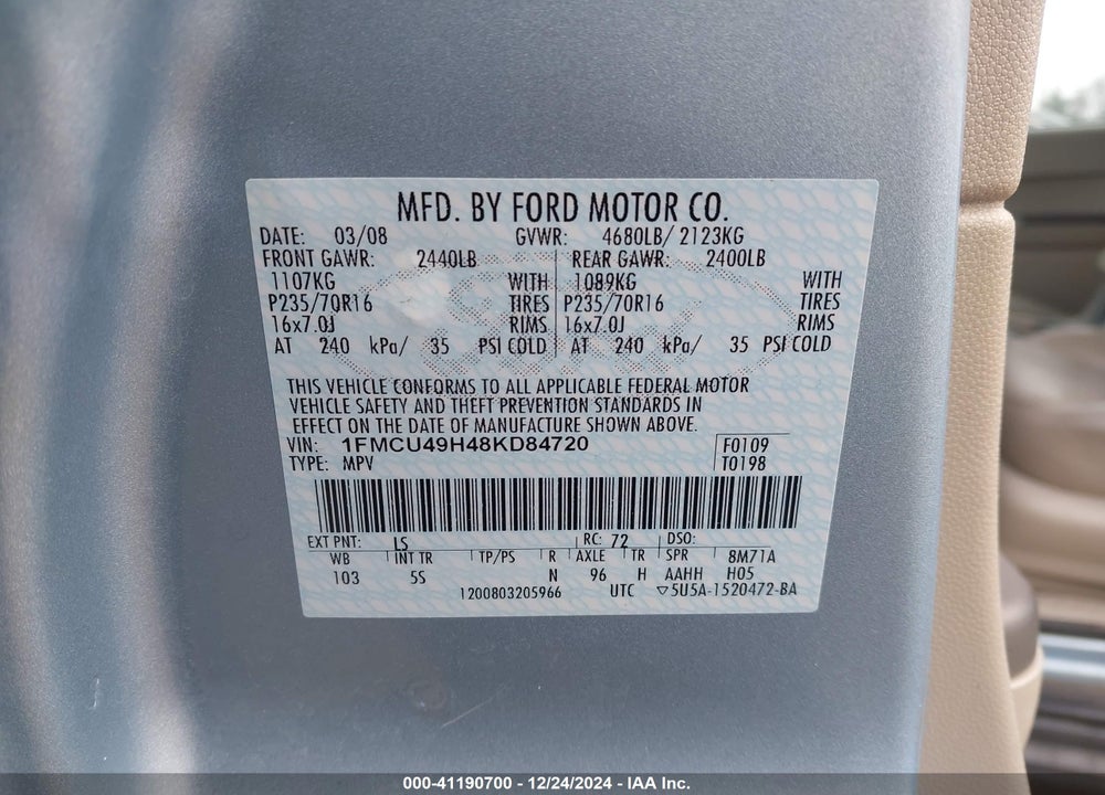 2008 FORD ESCAPE HYBRID VIN: 1FMCU49H48KD84720