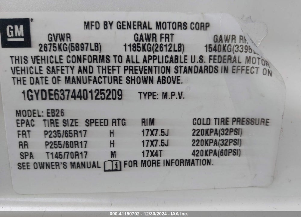 2004 CADILLAC SRX STANDARD VIN: 1GYDE637440125209