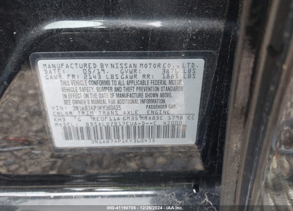 2019 NISSAN SENTRA VIN: 3N1AB7AP1KY360425