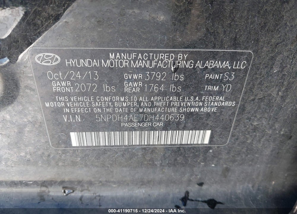2013 HYUNDAI ELANTRA LIMITED VIN: 5NPDH4AE7DH440639