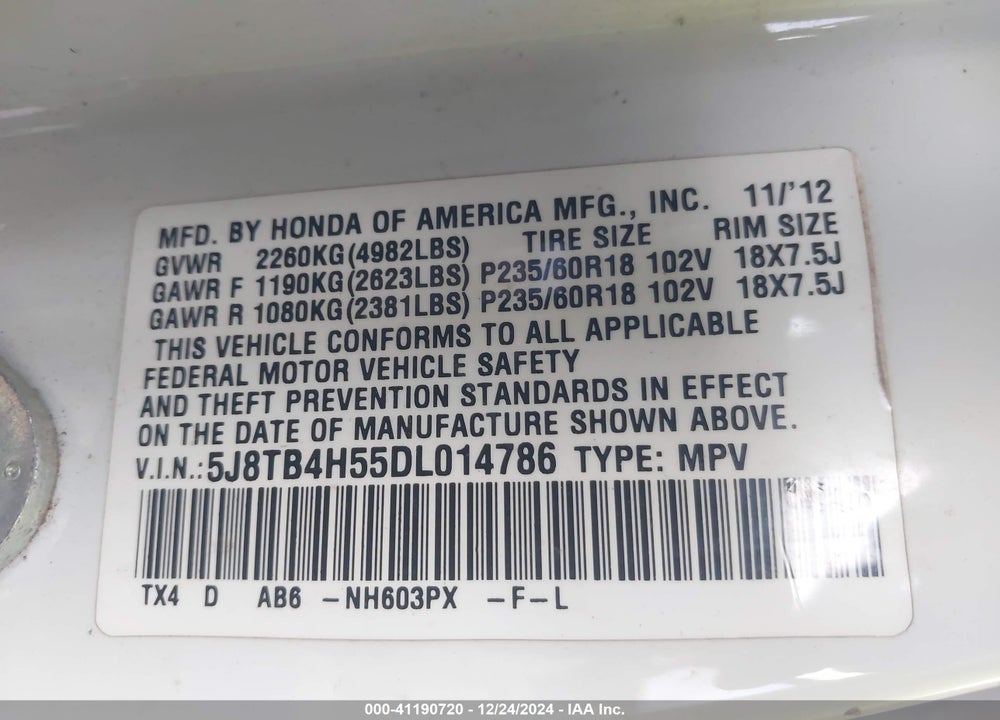 2013 ACURA RDX VIN: 5J8TB4H55DL014786