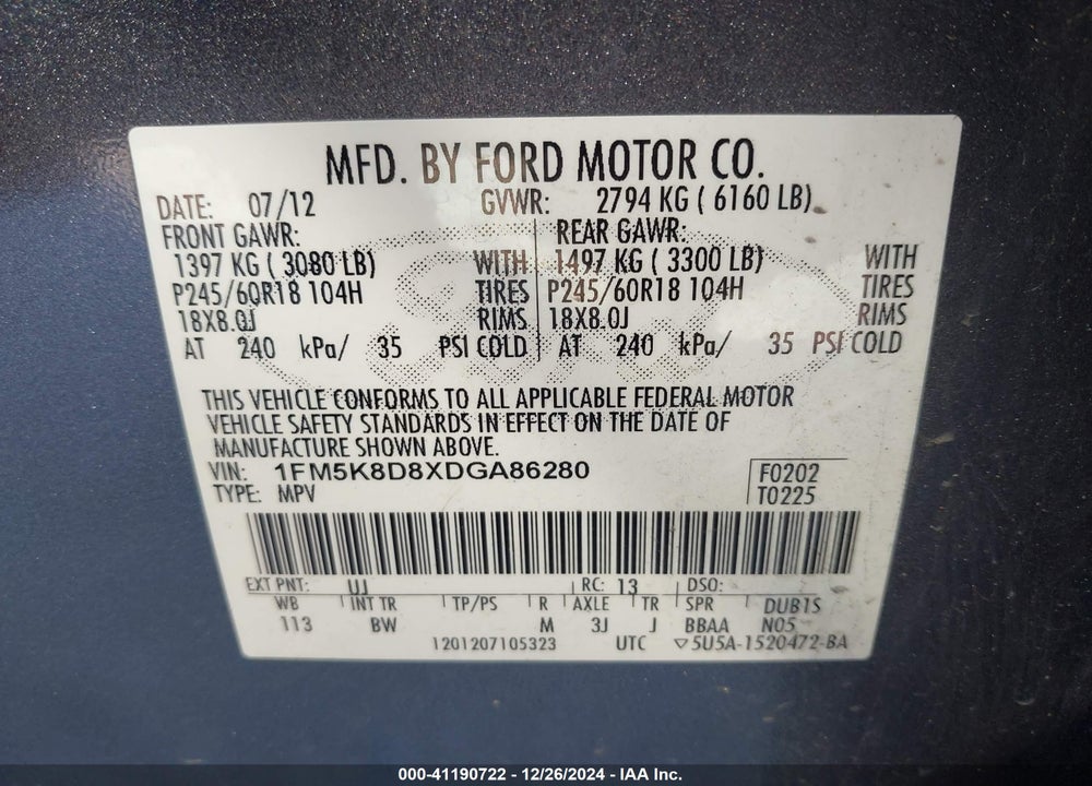 2013 FORD EXPLORER XLT VIN: 1FM5K8D8XDGA86280