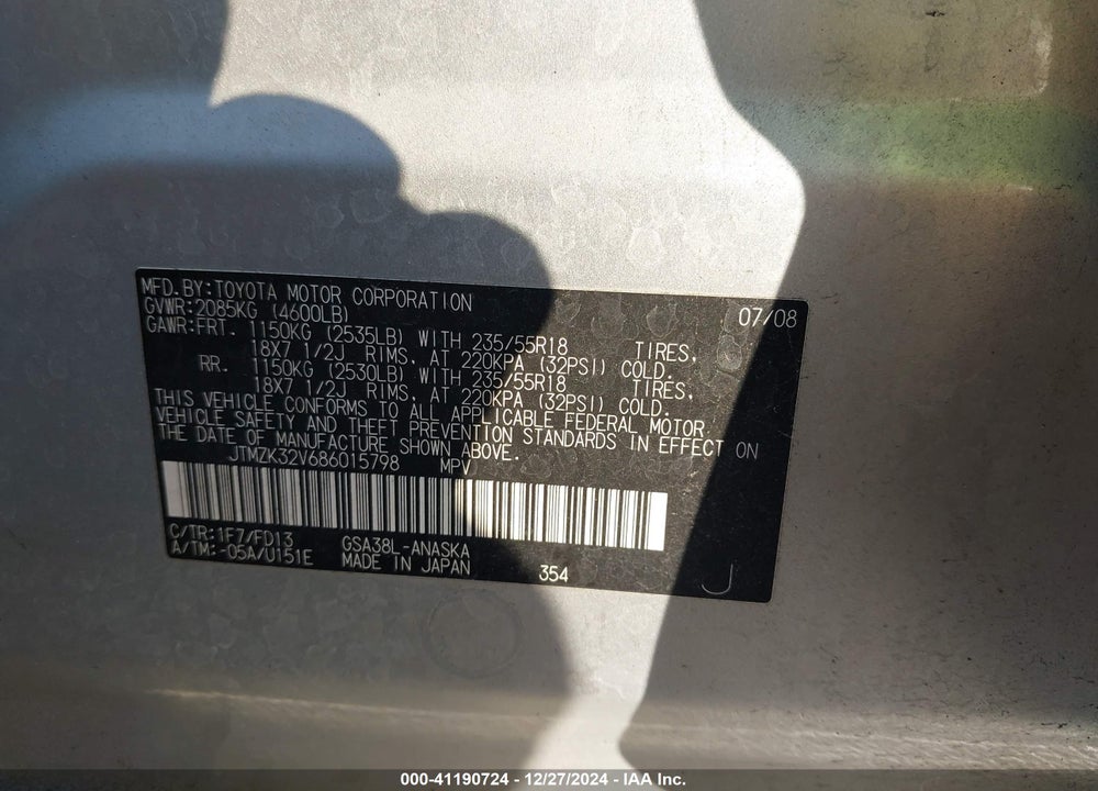 2008 TOYOTA RAV4 VIN: JTMZK32V686015798