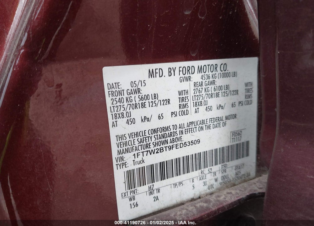 2015 FORD F-250 XLT VIN: 1FT7W2BT9FED53509