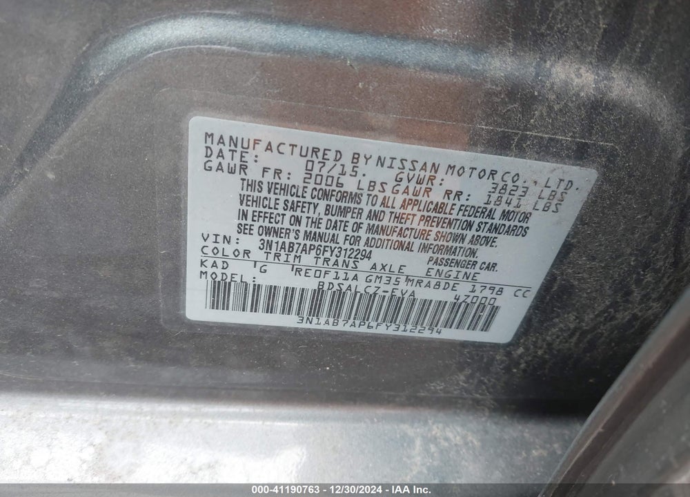 2015 NISSAN SENTRA S VIN: 3N1AB7AP6FY312294