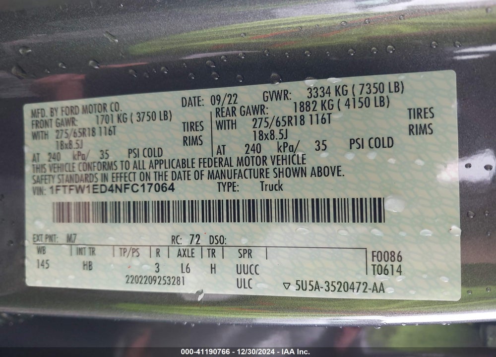 2022 FORD F-150 VIN: 1FTFW1ED4NFC17064