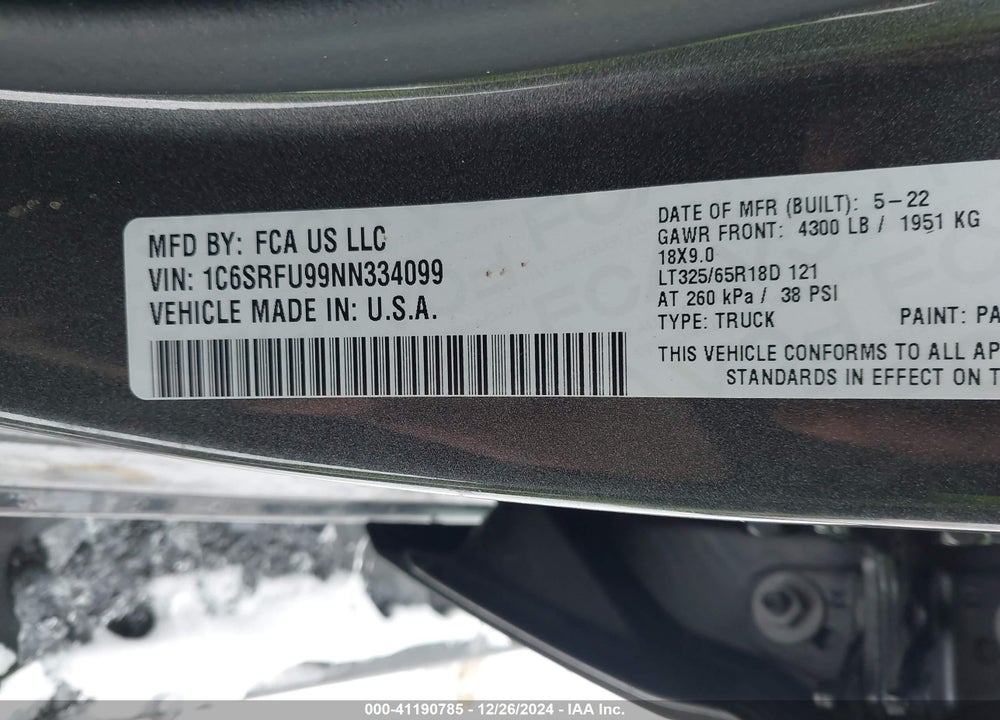2022 RAM 1500 VIN: 1C6SRFU99NN334099