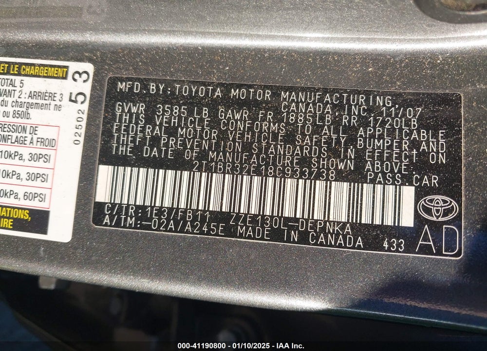 2008 TOYOTA COROLLA LE VIN: 2T1BR32E18C933738