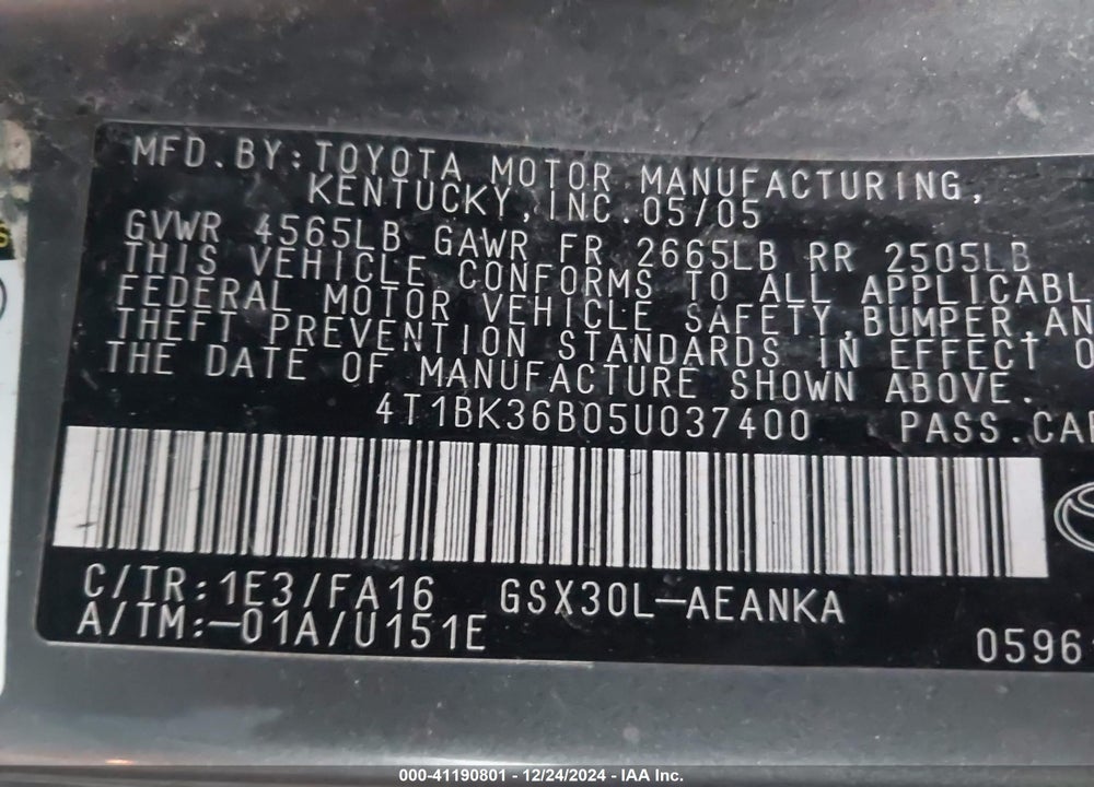 2005 TOYOTA AVALON XL VIN: 4T1BK36B05U037400