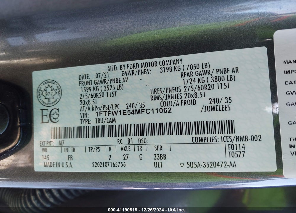 2021 FORD F-150 VIN: 1FTFW1E54MFC11062