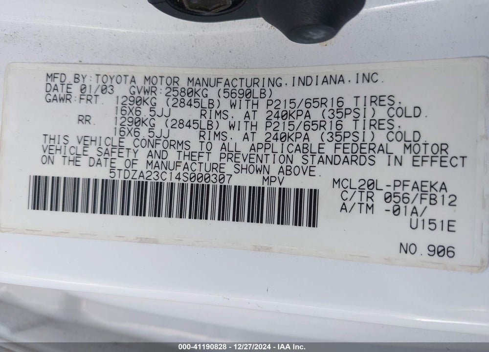 2004 TOYOTA SIENNA LE VIN: 5TDZA23C14S000307