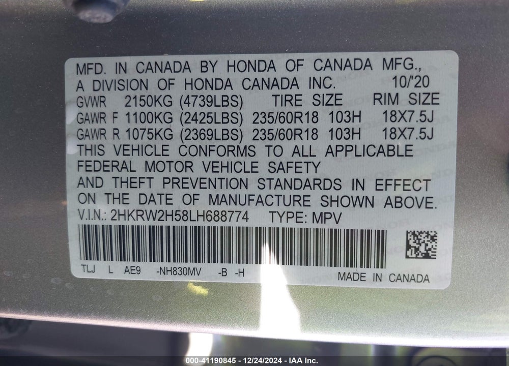 2020 HONDA CR-V AWD EX VIN: 2HKRW2H58LH688774