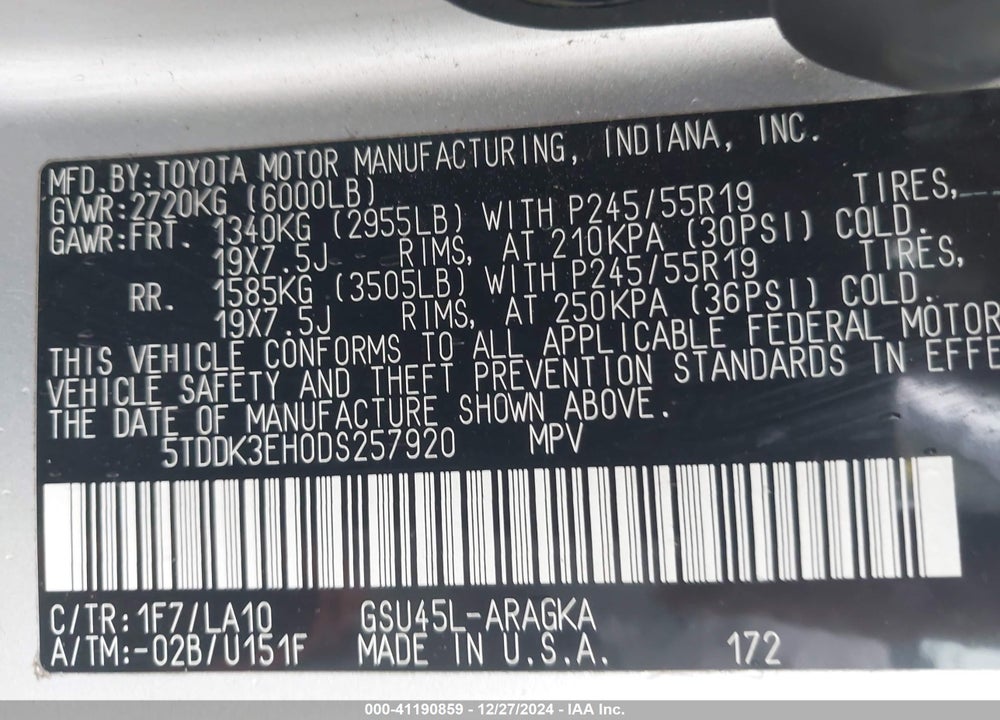 2013 TOYOTA HIGHLANDER LIMITED V6 VIN: 5TDDK3EH0DS257920