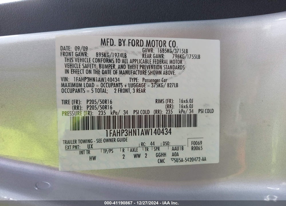 2010 FORD FOCUS SEL VIN: 1FAHP3HN1AW140434