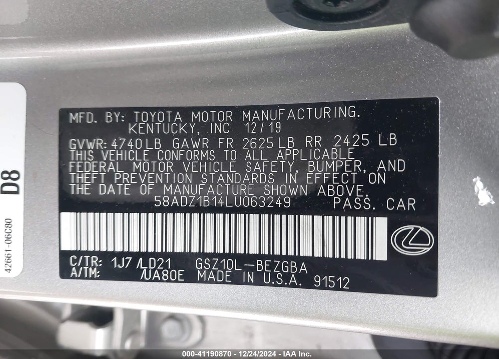 2020 LEXUS ES 350 VIN: 58ADZ1B14LU063249