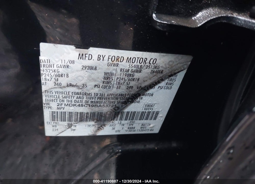 2009 FORD EDGE SEL VIN: 2FMDK48C19BA53721