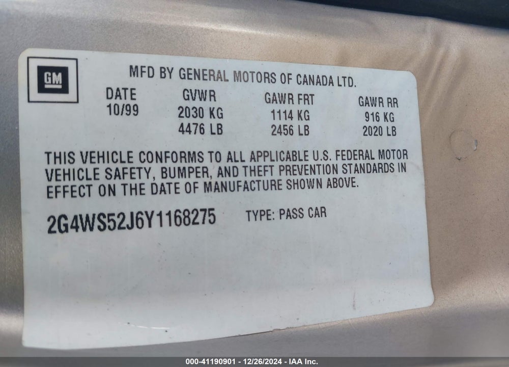 2000 BUICK CENTURY CUSTOM VIN: 2G4WS52J6Y1168275