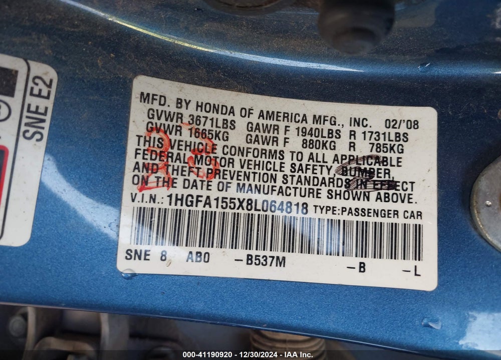 2008 HONDA CIVIC VIN: 1HGFA155X8L064818