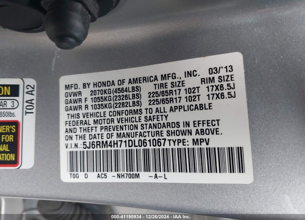 2013 HONDA CR-V EX-L VIN: 5J6RM4H71DL061067