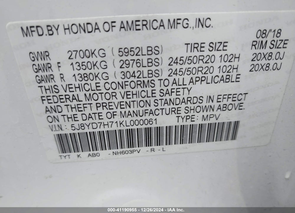 2019 ACURA MDX SPORT HYBRID ADVANCE PACKAGE VIN: 5J8YD7H71KL000061