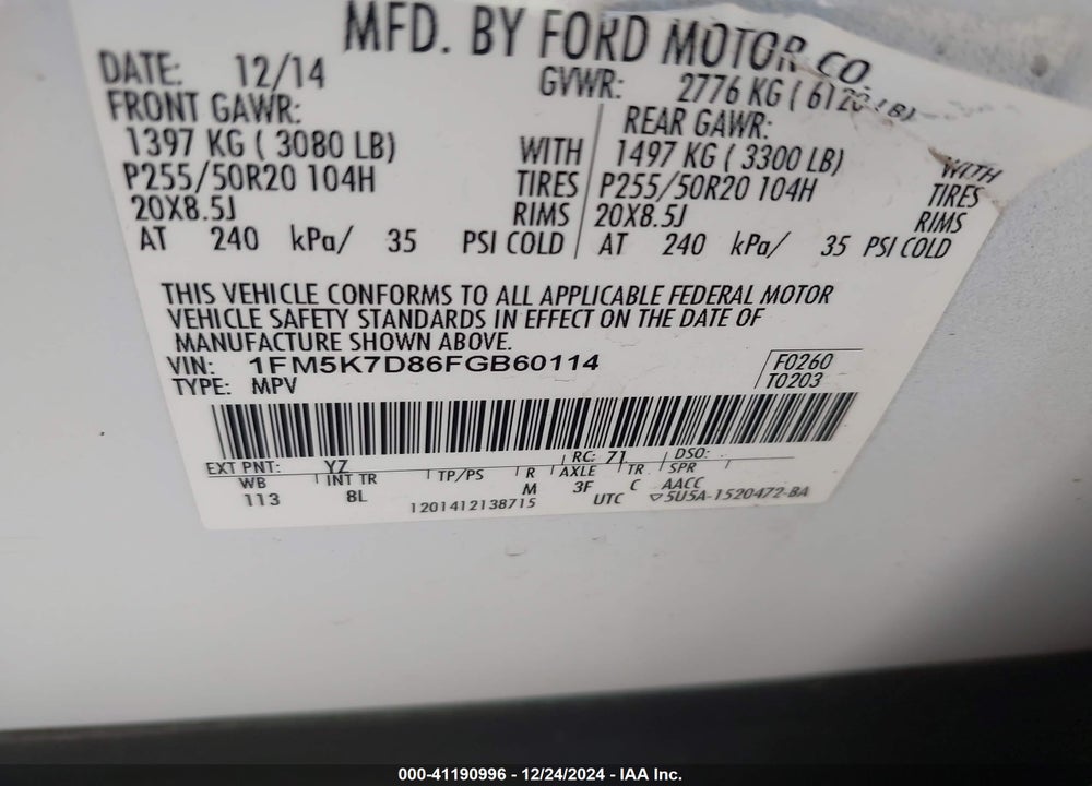 2015 FORD EXPLORER VIN: 1FM5K7D86FGB60114