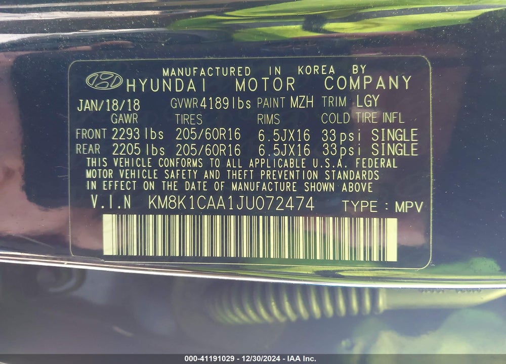 2018 HYUNDAI KONA SE VIN: KM8K1CAA1JU072474