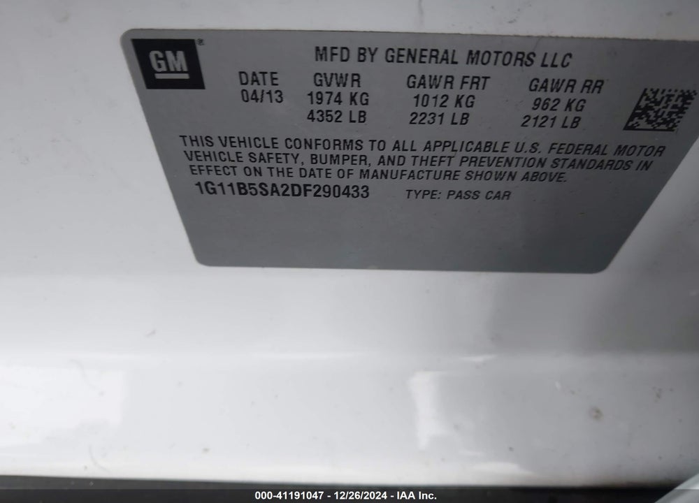 2013 CHEVROLET MALIBU VIN: 1G11B5SA2DF290433