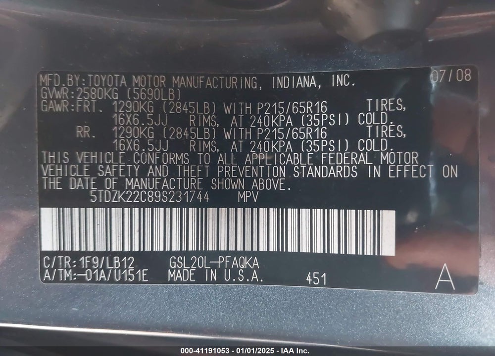 2009 TOYOTA SIENNA XLE VIN: 5TDZK22C89S231744