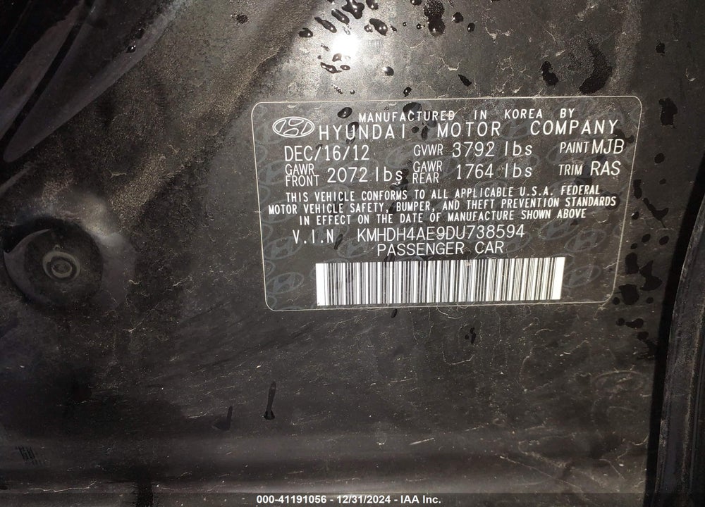 2013 HYUNDAI ELANTRA VIN: KMHDH4AE9DU738594