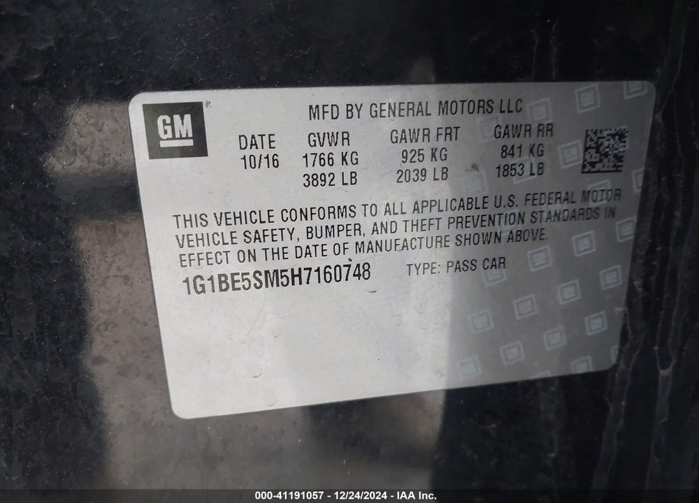 2017 CHEVROLET CRUZE VIN: 1G1BE5SM5H7160748