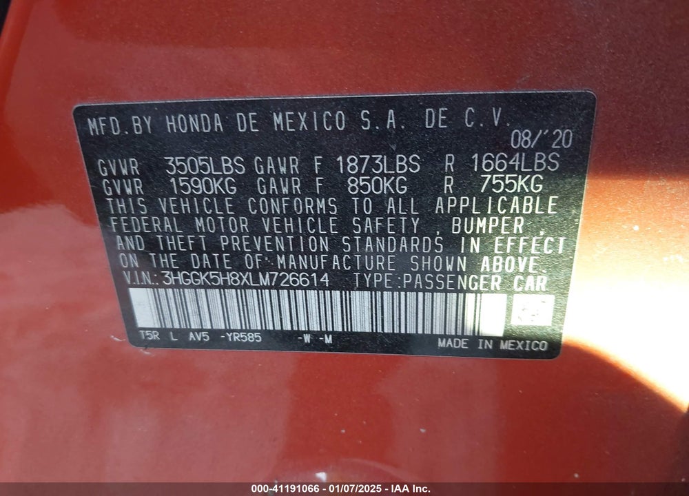 2020 HONDA FIT VIN: 3HGGK5H8XLM726614