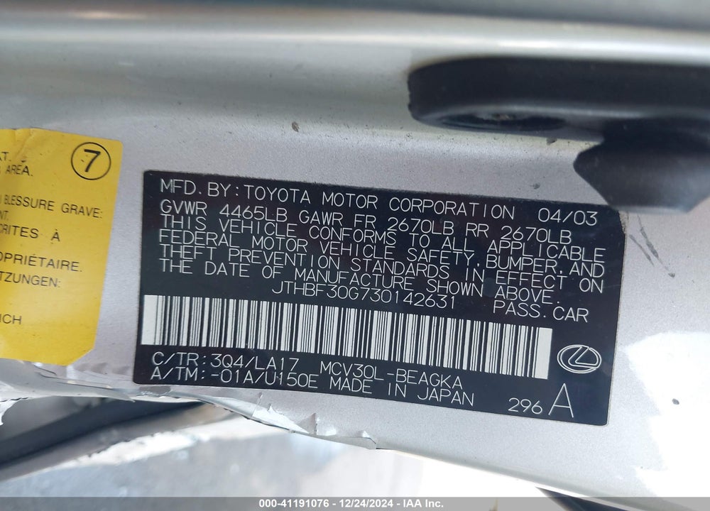 2003 LEXUS ES 300 VIN: JTHBF30G730142631
