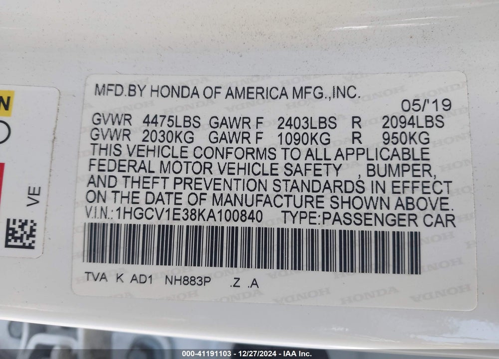 2019 HONDA ACCORD VIN: 1HGCV1E38KA100840