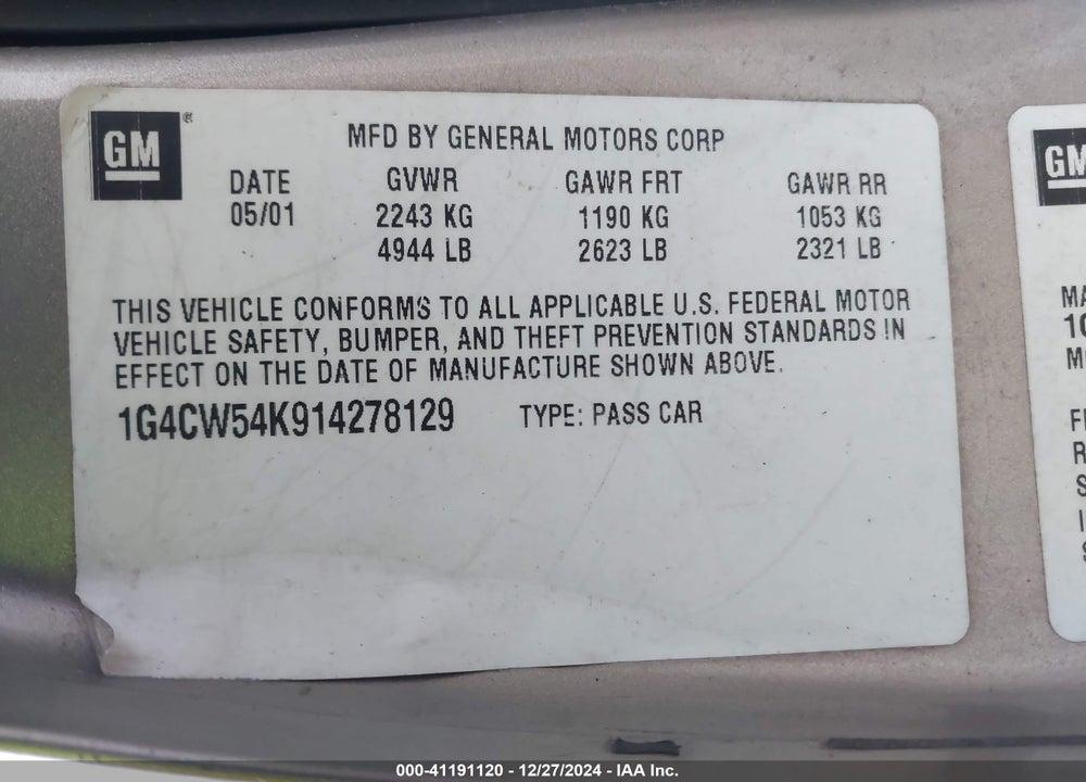 2001 BUICK PARK AVENUE VIN: 1G4CW54K914278129