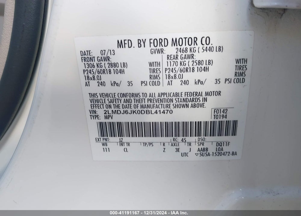 2013 LINCOLN MKX VIN: 2LMDJ6JK0DBL41470