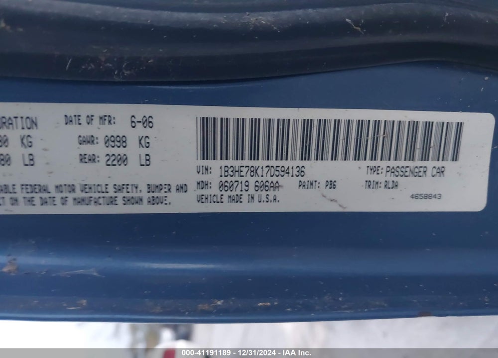 2007 DODGE CALIBER R/T VIN: 1B3HE78K17D594136