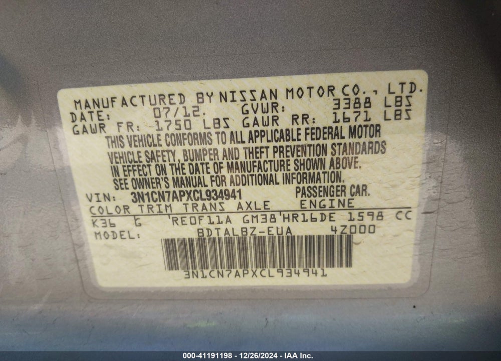 2012 NISSAN VERSA 1.6 SV VIN: 3N1CN7APXCL934941