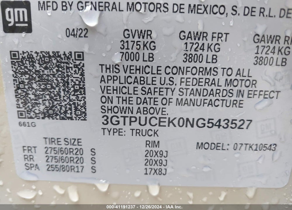 2022 GMC SIERRA 1500 4WD SHORT BOX ELEVATION WITH 3SB VIN: 3GTPUCEK0NG543527