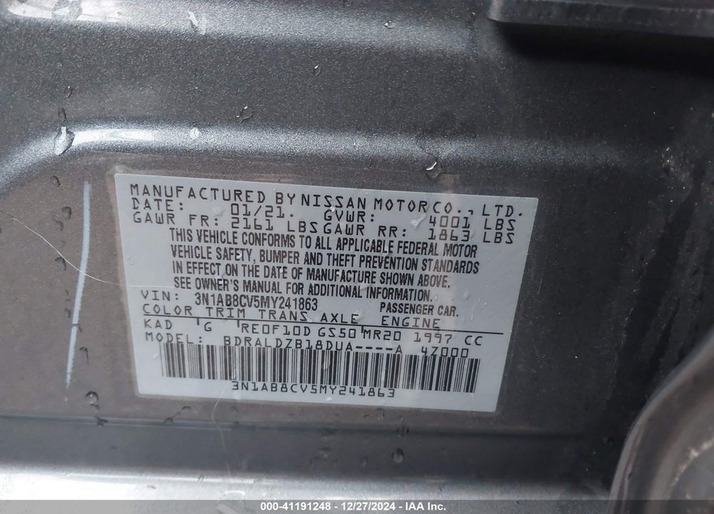 2021 NISSAN SENTRA SV XTRONIC CVT VIN: 3N1AB8CV5MY241863