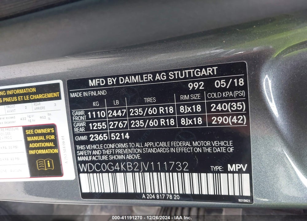 2018 MERCEDES-BENZ GLC 300 4MATIC VIN: WDC0G4KB2JV111732