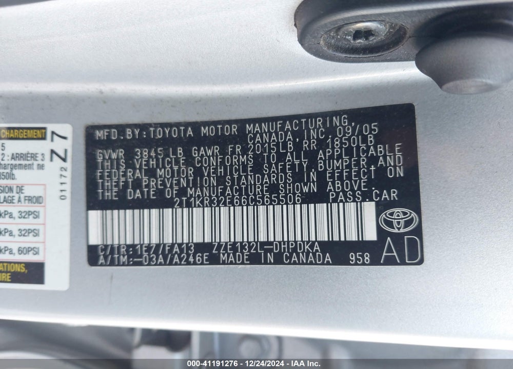 2006 TOYOTA MATRIX VIN: 2T1KR32E66C565506