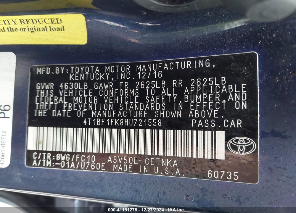 2017 TOYOTA CAMRY VIN: 4T1BF1FK8HU721558