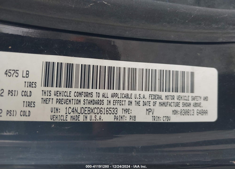 2012 JEEP COMPASS LATITUDE VIN: 1C4NJDEBXCD616533