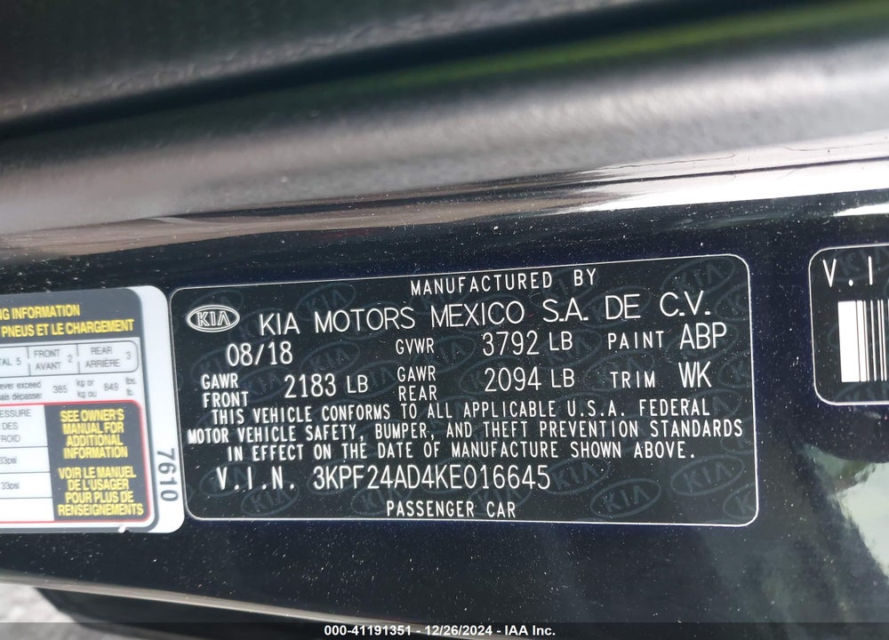 2019 KIA FORTE VIN: 3KPF24AD4KE016645