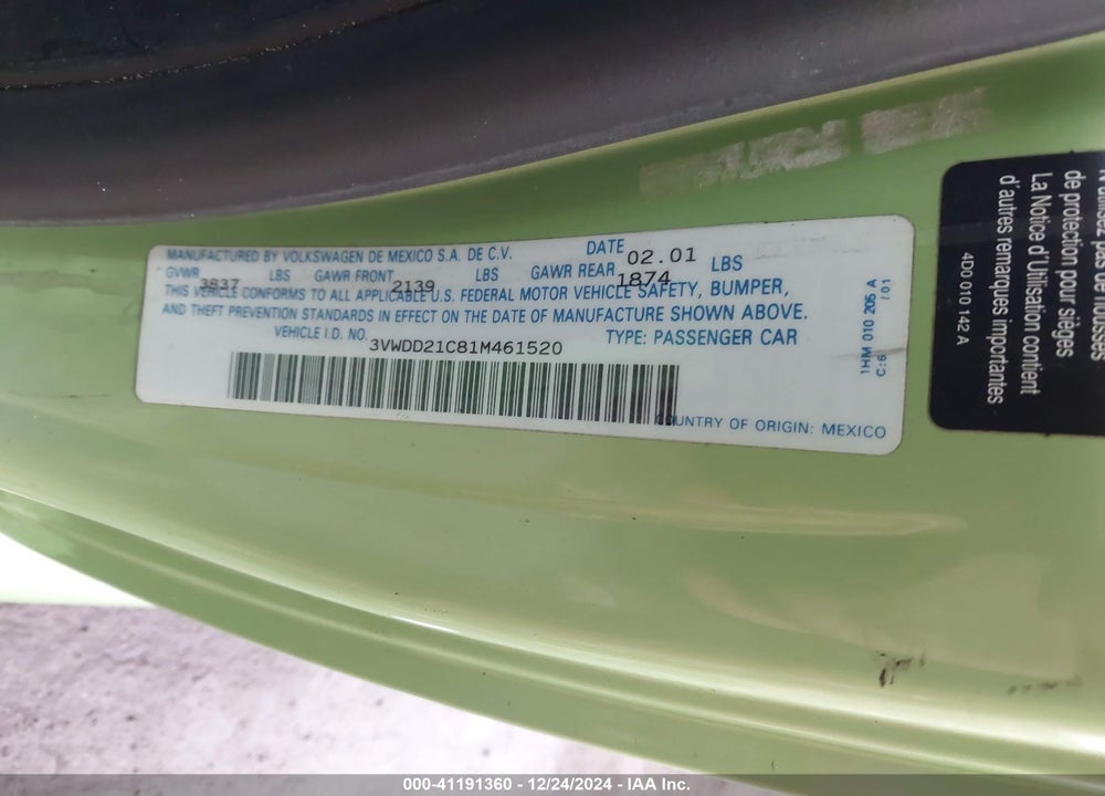 2001 VOLKSWAGEN NEW BEETLE GLX VIN: 3VWDD21C81M461520