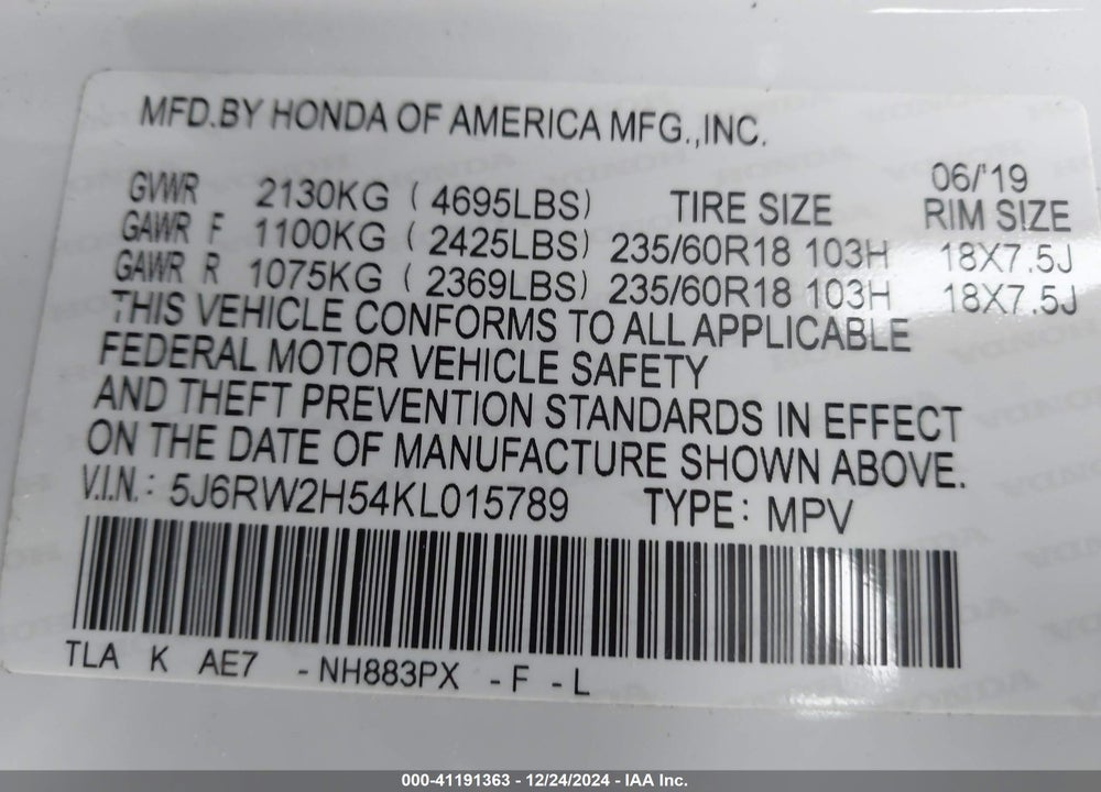 2019 HONDA CR-V VIN: 5J6RW2H54KL015789