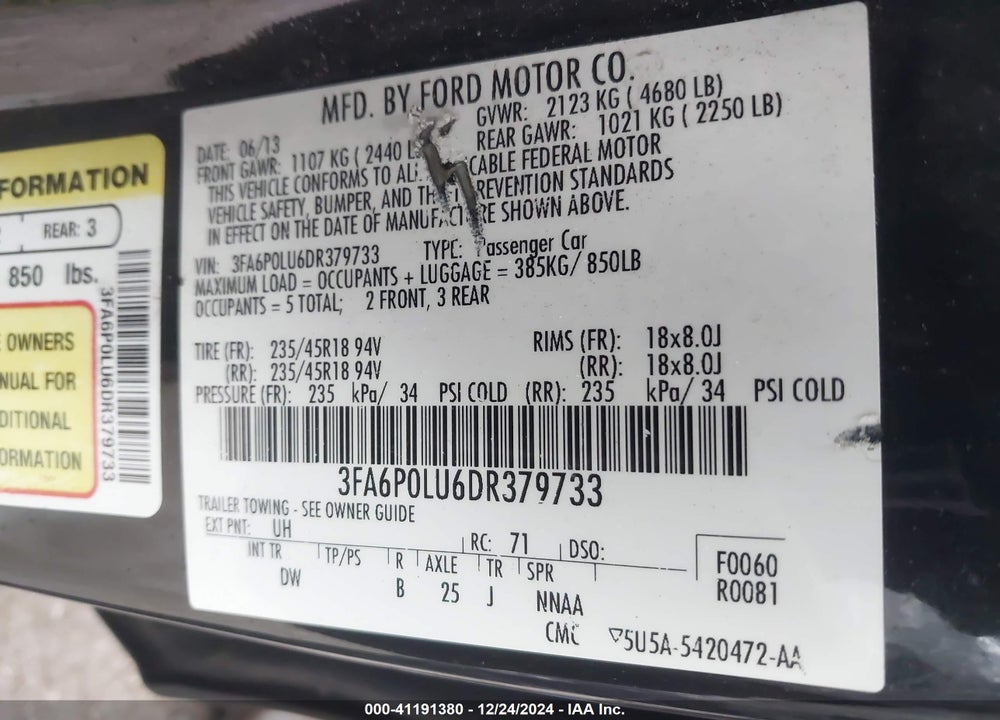 2013 FORD FUSION HYBRID SE VIN: 3FA6P0LU6DR379733