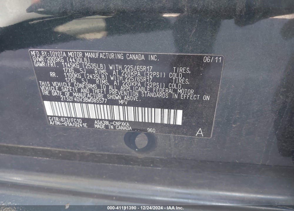 2011 TOYOTA RAV4 VIN: 2T3ZF4DV3BW085577