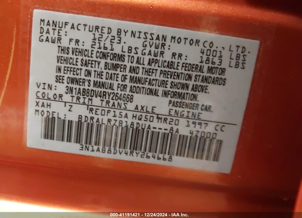 2024 NISSAN SENTRA VIN: 3N1AB8DV4RY264668