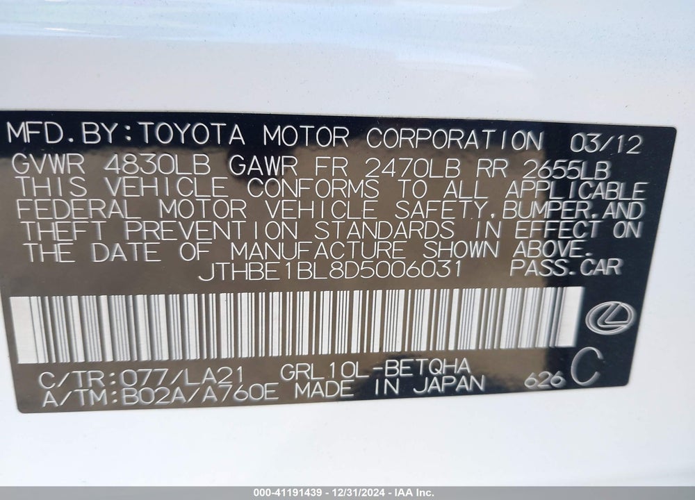 2013 LEXUS GS VIN: JTHBE1BL8D5006031